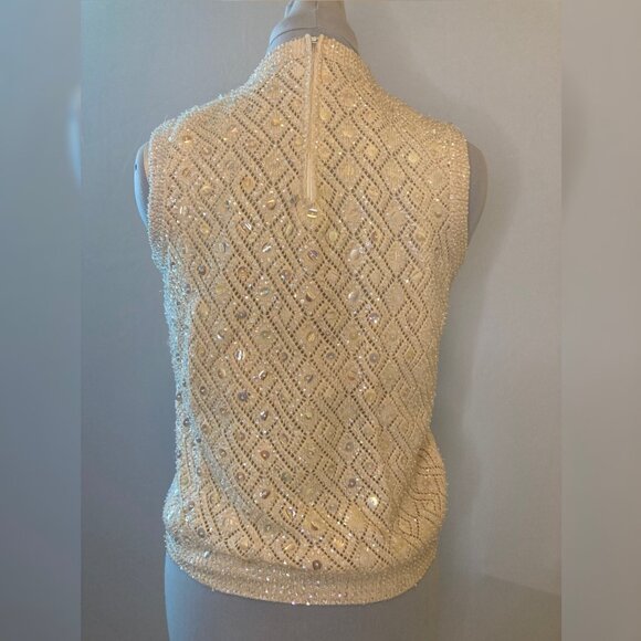 Vintage 1960s Joseph Magnin cream wool shell with iridescent beads, fully lined - Picture 3 of 6